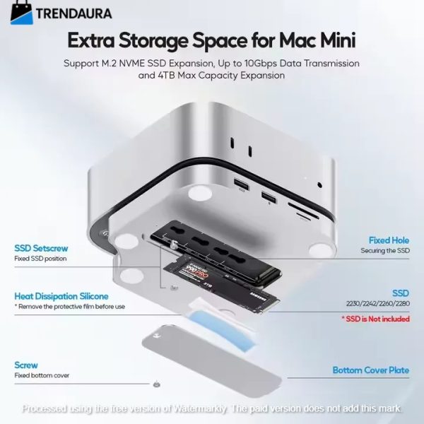 PULWTOP Mac mini M4/M4 Pro Hub Stand Dock with External Storage Upgrade M.2 SSD Enclosure